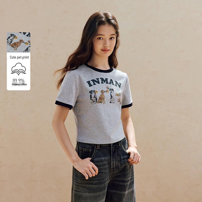 INMAN Women s Contrast Collar Dog Print Short Sleeve T-Shirt L