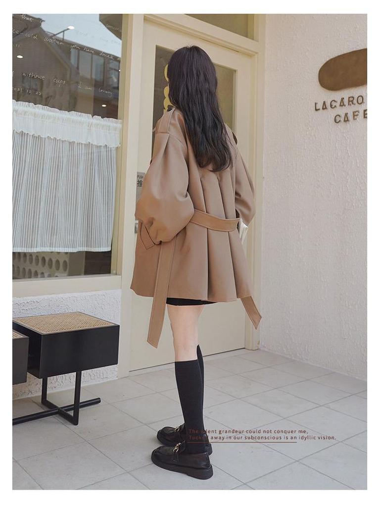 Khakifarbener Damen-Trenchcoat in lockerer Passform, Neuer koreanischer Stil für Frühling & Herbst 2025, Kleine Größe mit Puffärmeln