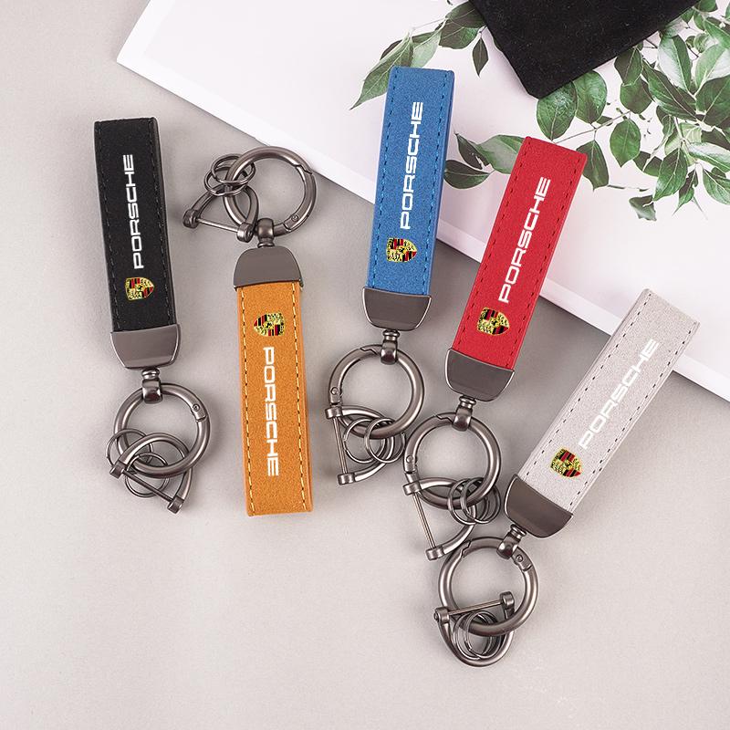 Car Logo Leather Key Ring Gift Pendant Accessory Man Suede Keychain For Porsche Boxster Cayman Cayenne 911 Macan Panamera Taycan PS4