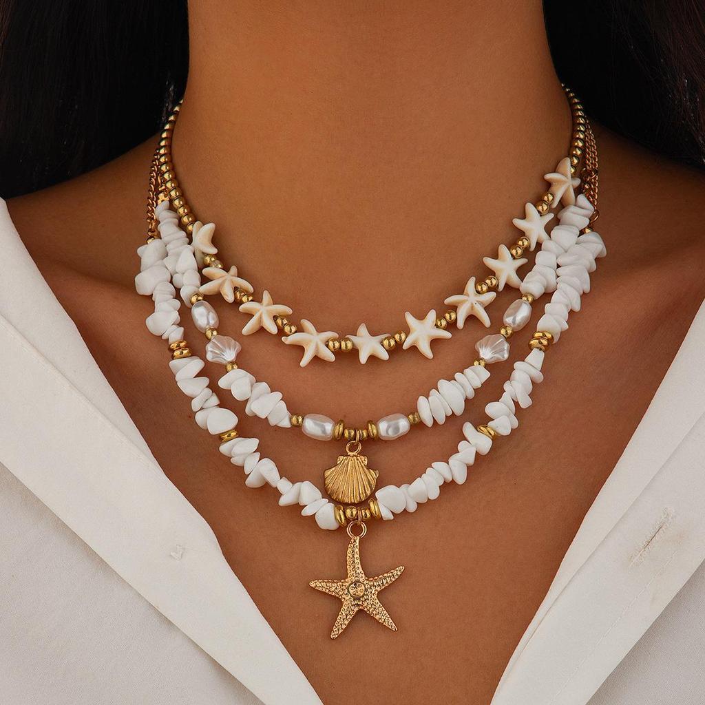 Holiday Style Shell Beaded Multi-Layer Starfish Necklace with Imitation Pearls
