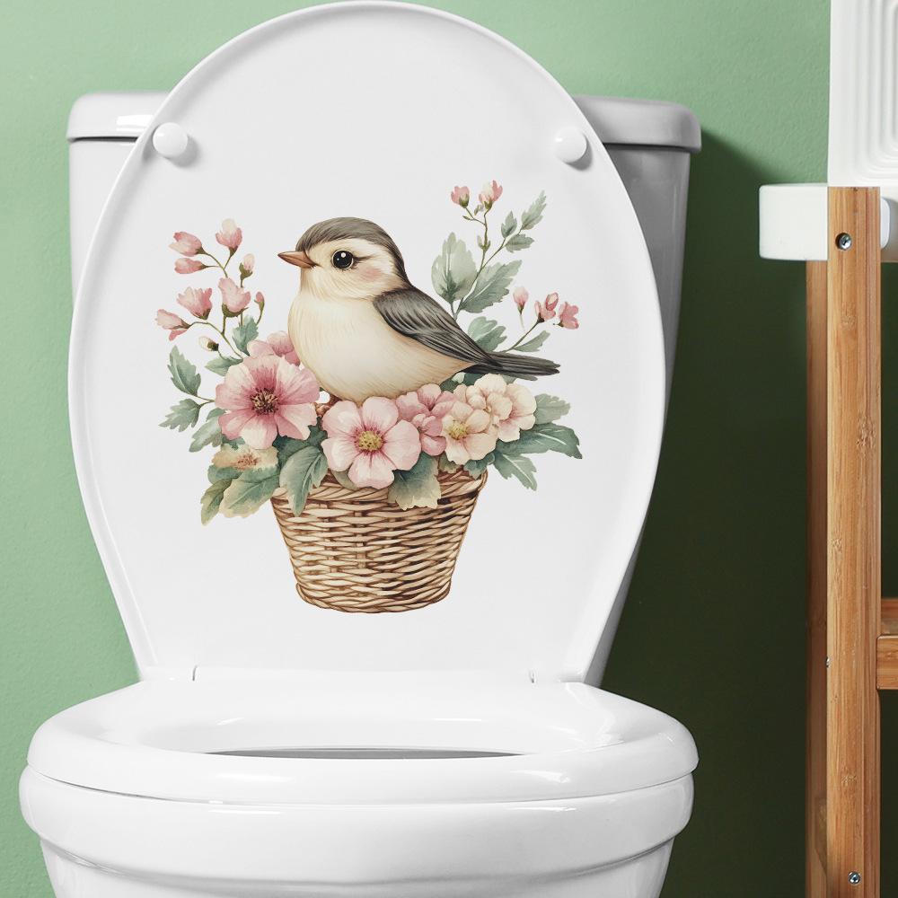 Cartoon Green Leaf Flower Basket Little Bird Bathroom Toilet and Home Beautification Stickers