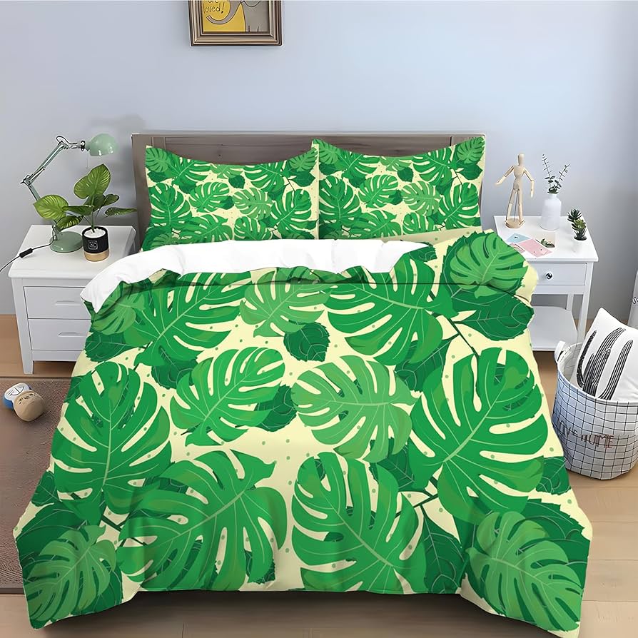 Tropical Leaves Duvet Cover Twin King Palm Leaf Pattern Bedding Set for Boys Girl Room Botanical Monstera Leaves Comforter Cover