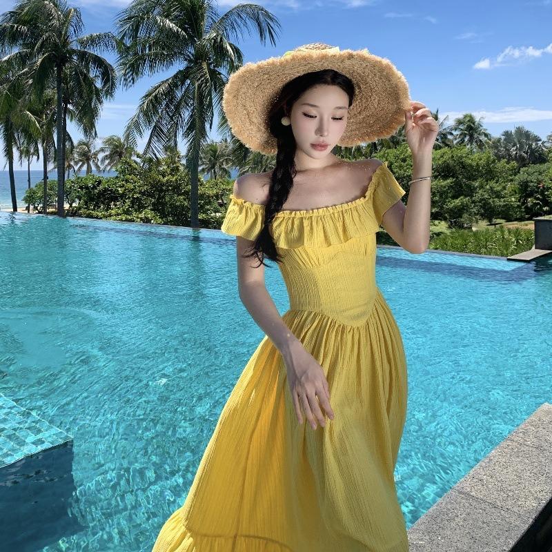 Yellow Small Flying Sleeves Square Neck Suspender Dress Children's Summer New French Seaside Vacation Waist Dress