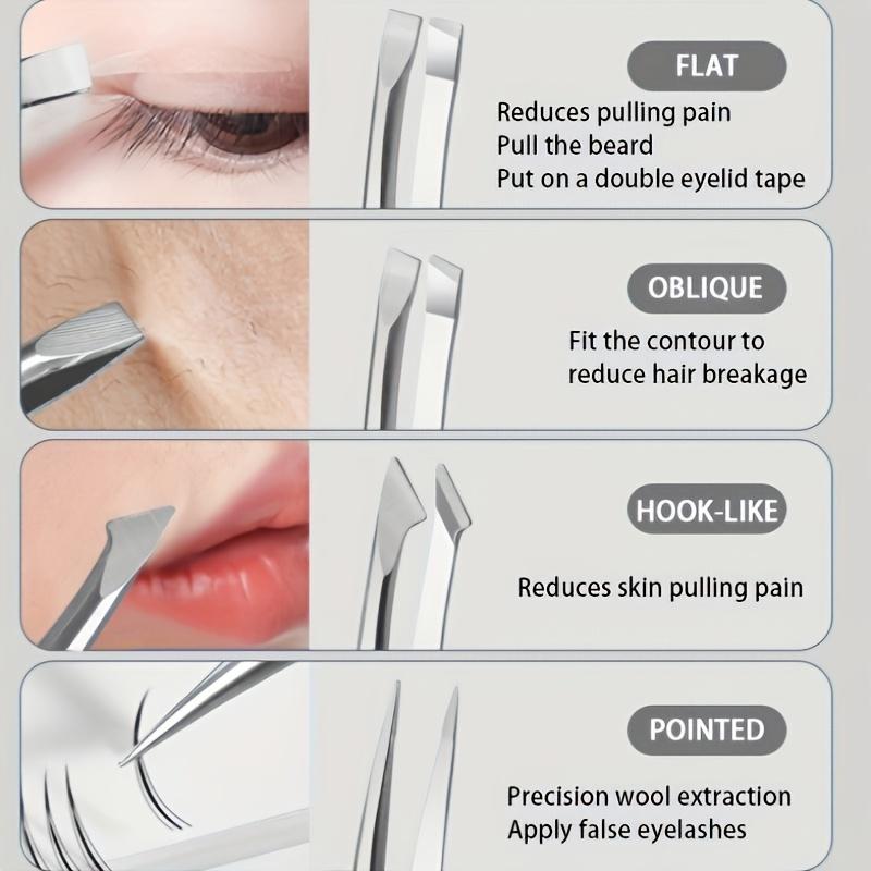 4pcs Precision Stainless Steel Tweezers Set - Eyebrow, Nose & Facial Hair Removal, Fragrance-Free, Glossy Finish