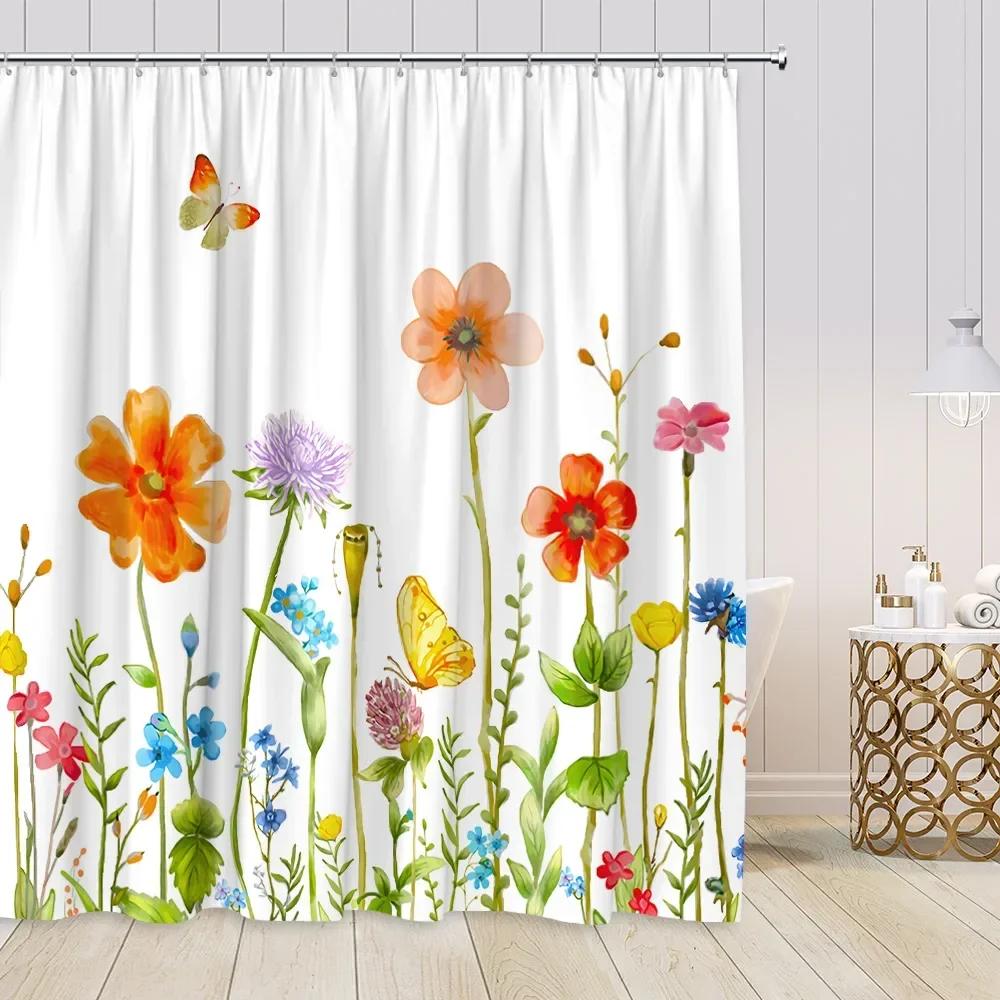 

Hand Painted Floral Shower Curtains Set Watercolor Flowers Plants Poppies Butterfly Simple Polyester Nordic Bathroom Decor Hooks W90XH180cm