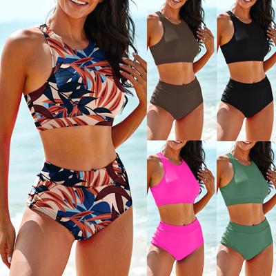 Einfarbiger Tank-Top-Badeanzug für Damen, geteilter Damen-Badeanzug mit hoher Taille, zweiteiliges Set