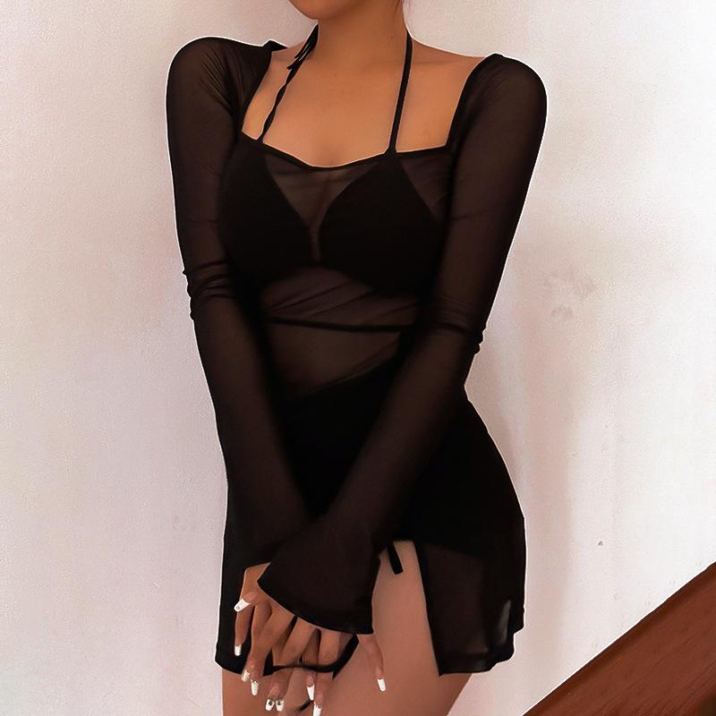 

2024 Pure Desire Style Европейская и американская перспектива сексуальное короткое платье в сетку с длинными рукавами и разрезом, летний женский стиль L чёрный