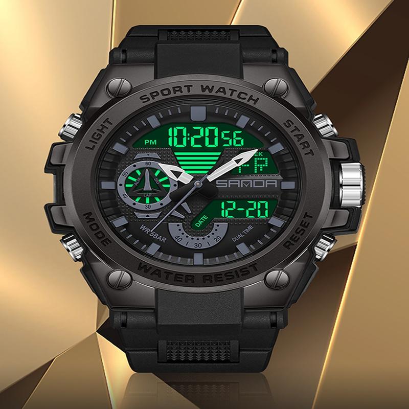 SANDA Luxury LED Dual Display Digital Quartz Watch for Men Shockproof Waterproof Sports Wristwatches Student Watch