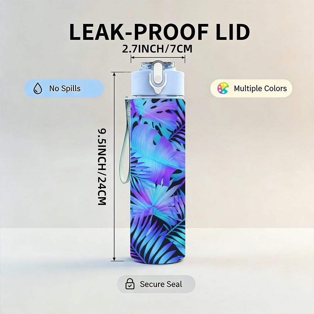 1PC Tropical Blue Palm Leaf Art 750ml Color Plastic Sports Water Bottle Leakproof Flip Straw Lid Suitable for Sports Office Home Use
