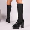 No Knee Boots Women  Super High Heel Round Toe Side Zip Platform Back Block Heel Leather Boots