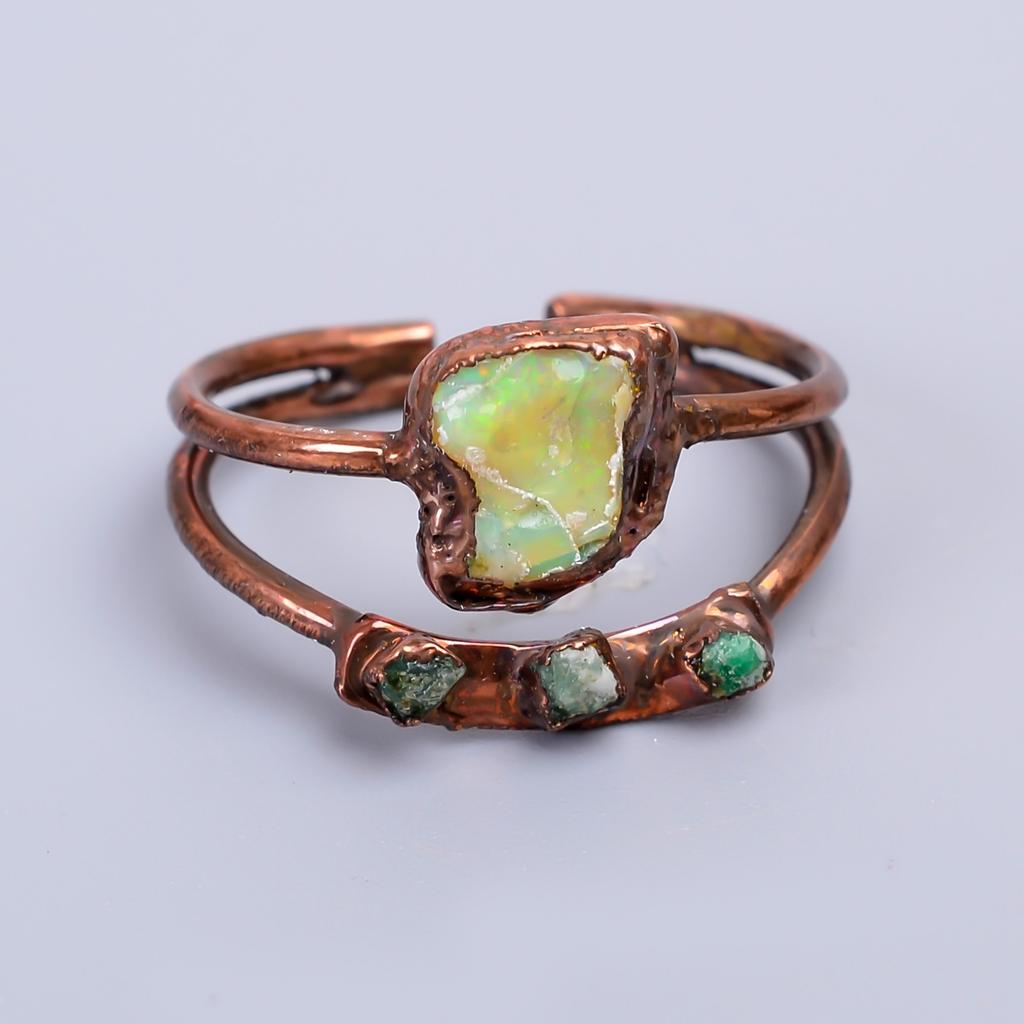 Ausgefallener Äthiopischer Opal Edelstein Kupfer Ewigkeit Elektrogeformter Freundschaftstagsring V-67
