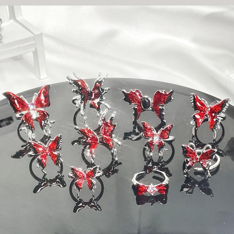 Temperament Niche Exquisite Design Sense Personality Ring Sweet Cool Red Enamel Drip Glaze Butterfly Opening Ring Female