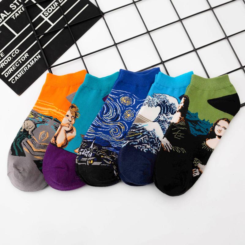 1 Pairs Unisex Happy Van Gogh Oil Painting Casual Men Women Funny Sock Fashion Harajuku Fruit Animal Female Ankle Socks