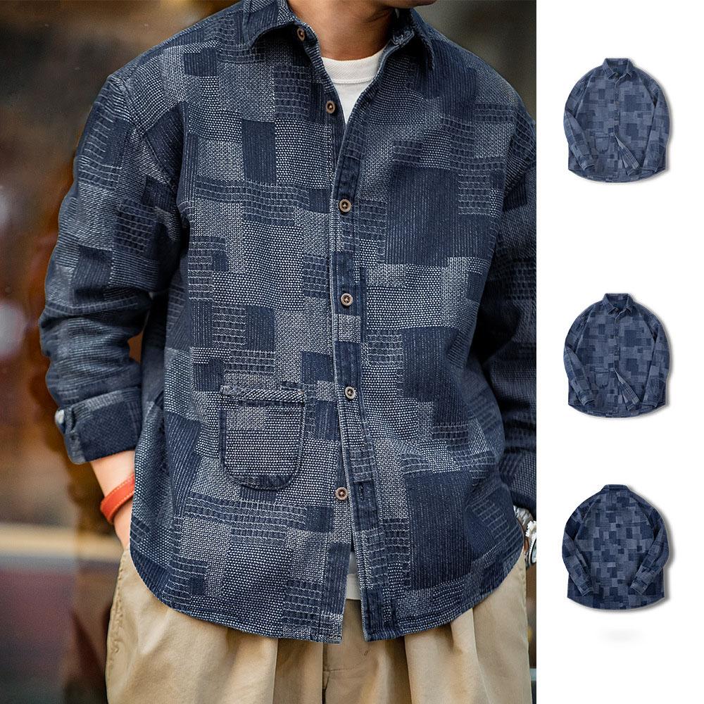 Giacca Camicia Piumino Denim Boro Patchwork Jacquard Manica Lunga Bottoni Retro Taglia Larga Capospalla Primavera