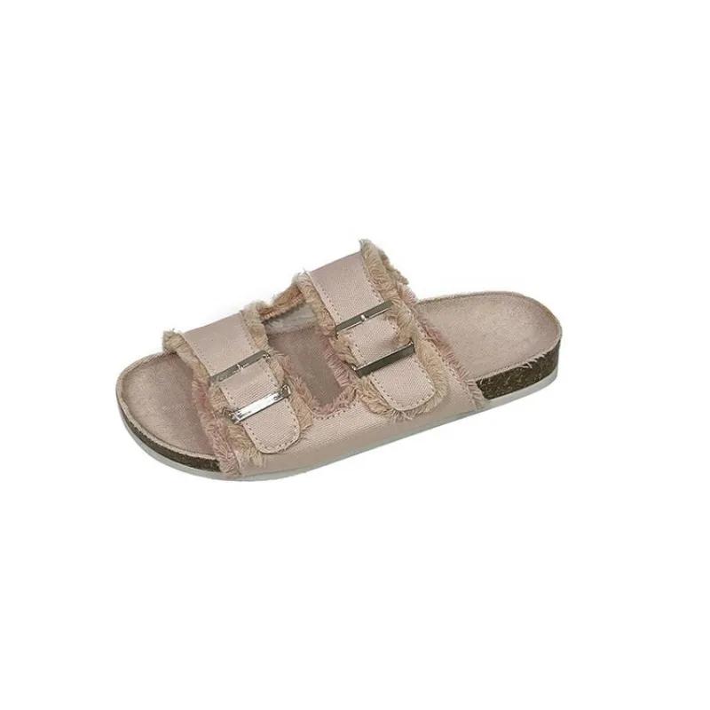 Shoes for Women 2024 Hot Sale Buckle Women's Slippers Summer Open Toe Solid Outdoor Flat Casual Comfortable Large Size Slippers