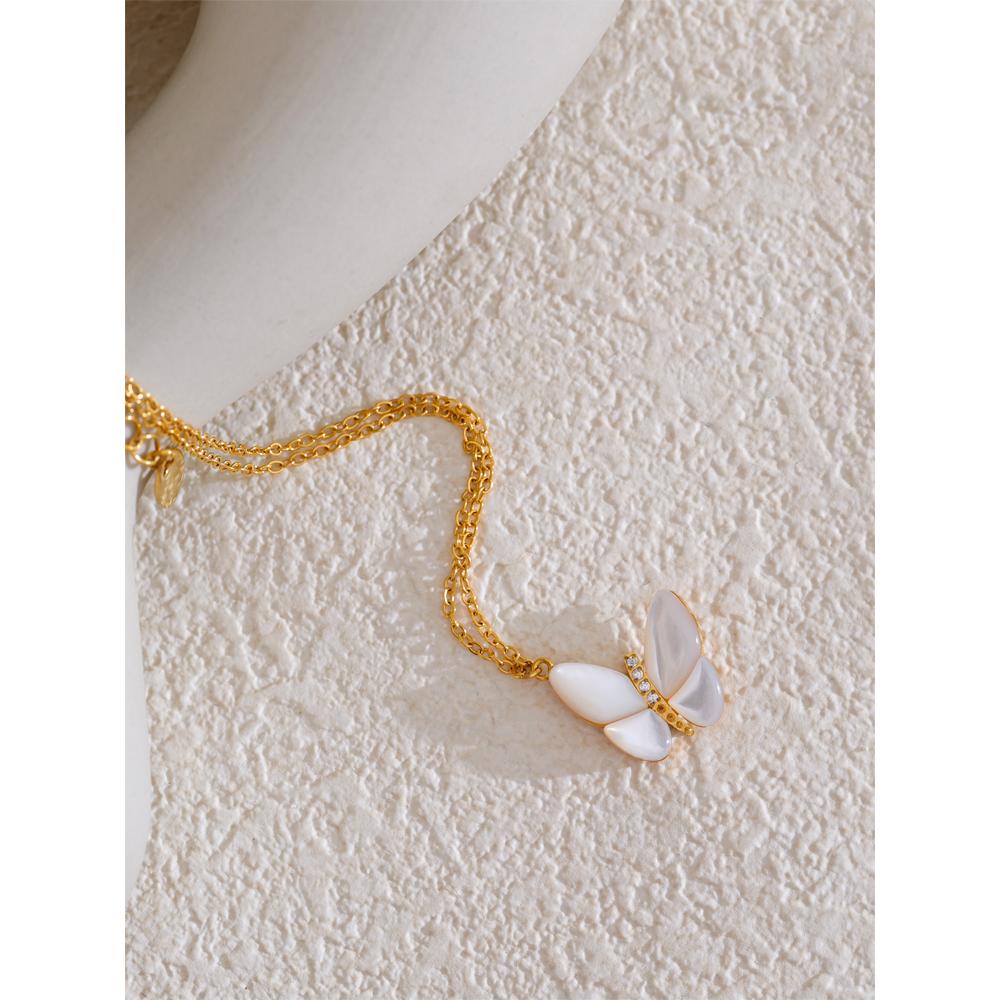 Yhpup Exquisite Natural Shell Zircon Butterfly Pendant Necklace for Women Stainless Steel Korean Style Delicate Jewelry Gift