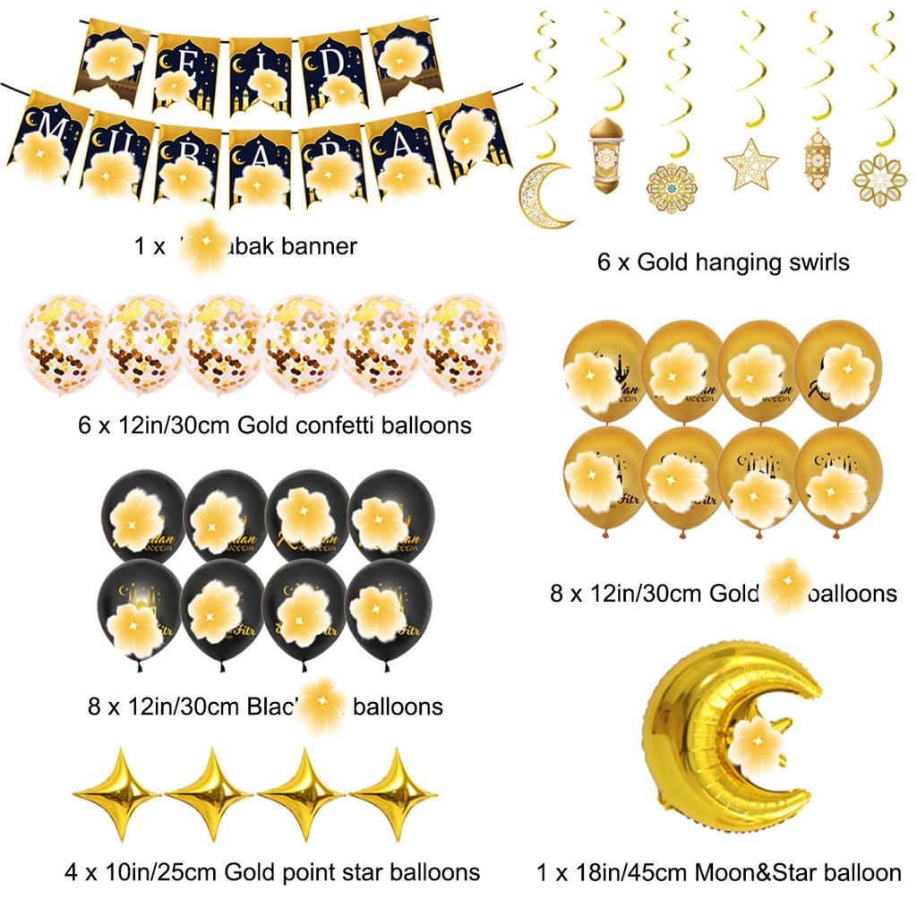 New Year Party Decoration Set, Blue, Gold, Moon, Stars, Balloon, Prayer