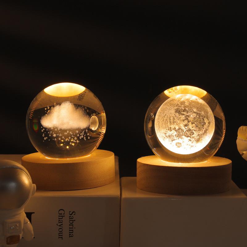 3D Galaxy Crystal Ball Moon Galaxy Crystal Ball Desktop Ornaments Warm Light Touch Charging Decoration Birthday Gift