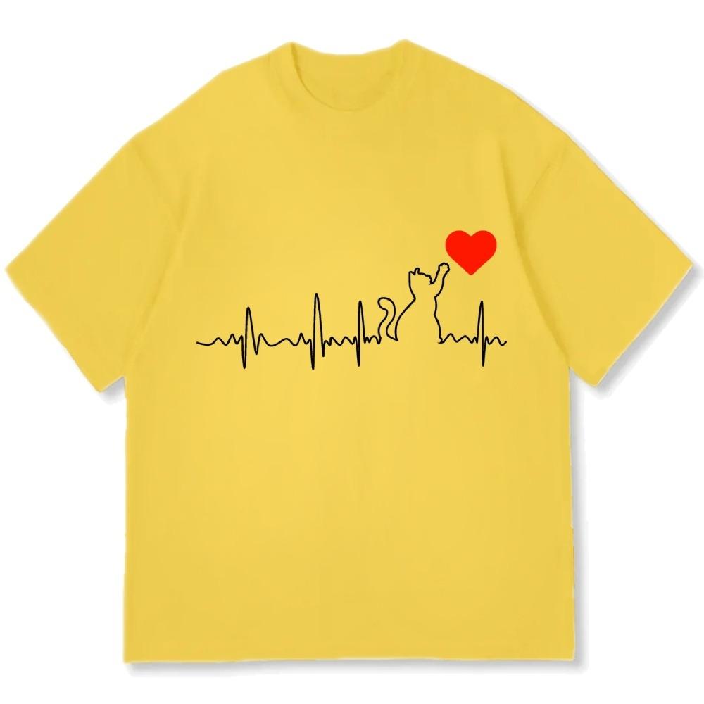 Fashion Cat Heartbeats Printed Cotton casual T-shirt Unisex Short Sleeve Round Neck Valentine's Day Couple Tees Tops