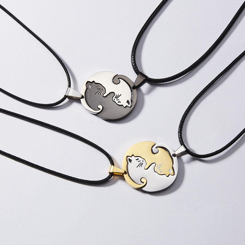 Stainless Steel Kitten Hug Pendant Necklace In Black and White