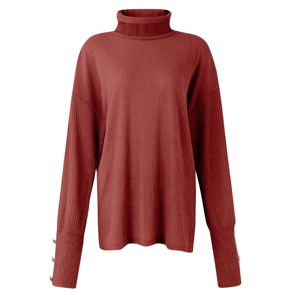 Women's Turtleneck Top Loose Pullover Button Up Long Sleeve Color Knit Bottoming Shirt