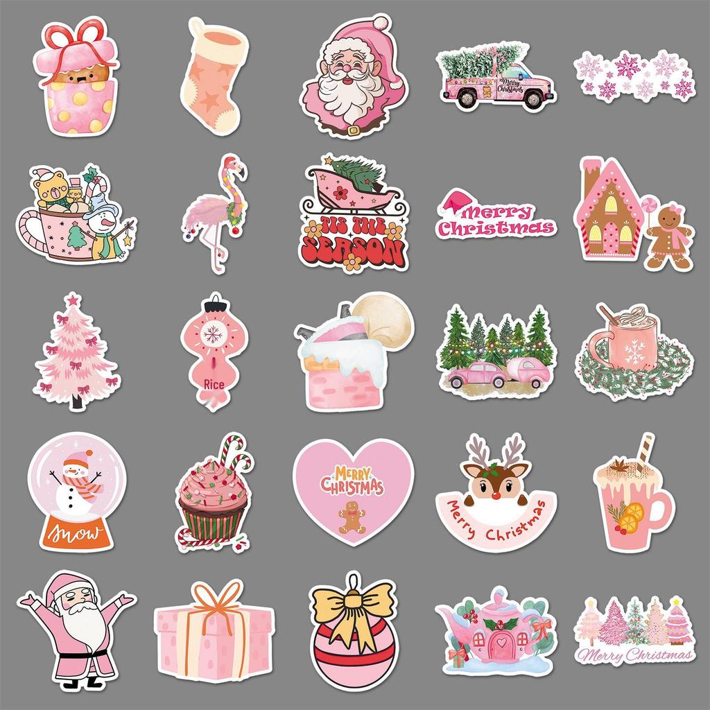 50 Pink Christmas Doodle Stickers for Decorating Suitcases, Water Bottles, and Phones