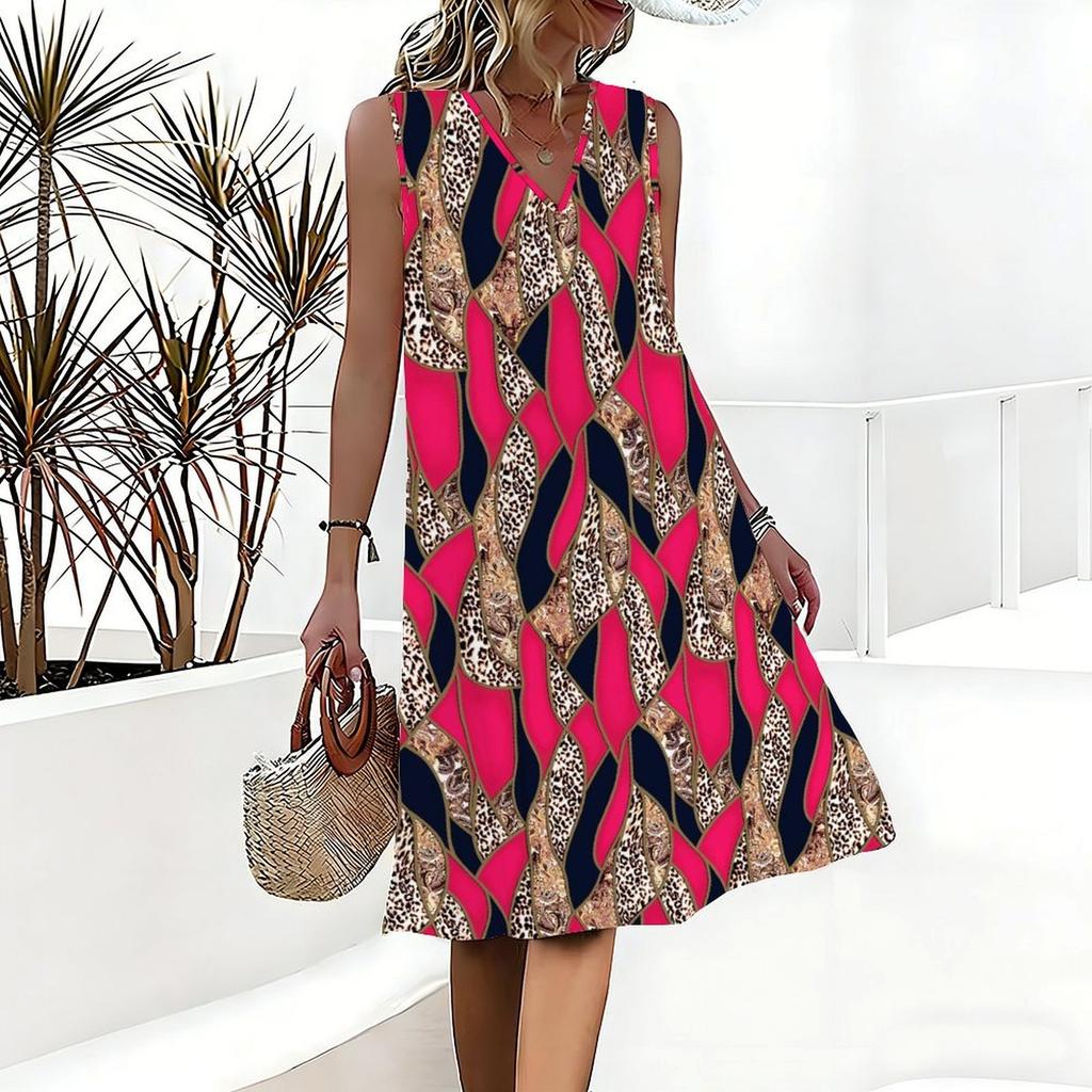 Plus Size V Neck Sleeveless Dress Meadow Daisy Print For Sunshine Park Picnic