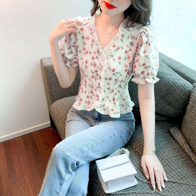 Summer Chic Women's Shirt Has A Design Sense of Niche Floral Ruffle Edge Bubble Sleeve Short Tops