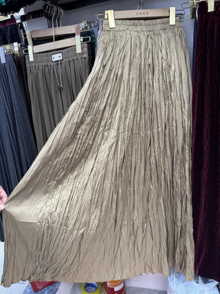 Women's 2026 Spring Textured Pleated Skirt - High Waist, Large Hem, Long Length, Simple Style