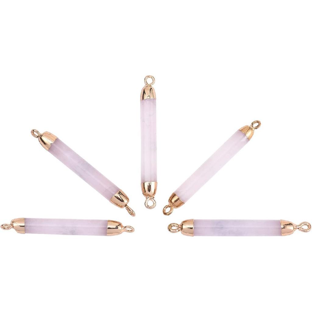 LiQunSweet 5 Pcs Natural Rose Quartz Crystal Stone Charm Connector Gemstones Links with Iron Findings Column Golden Bulk for Jewelry Making DIY