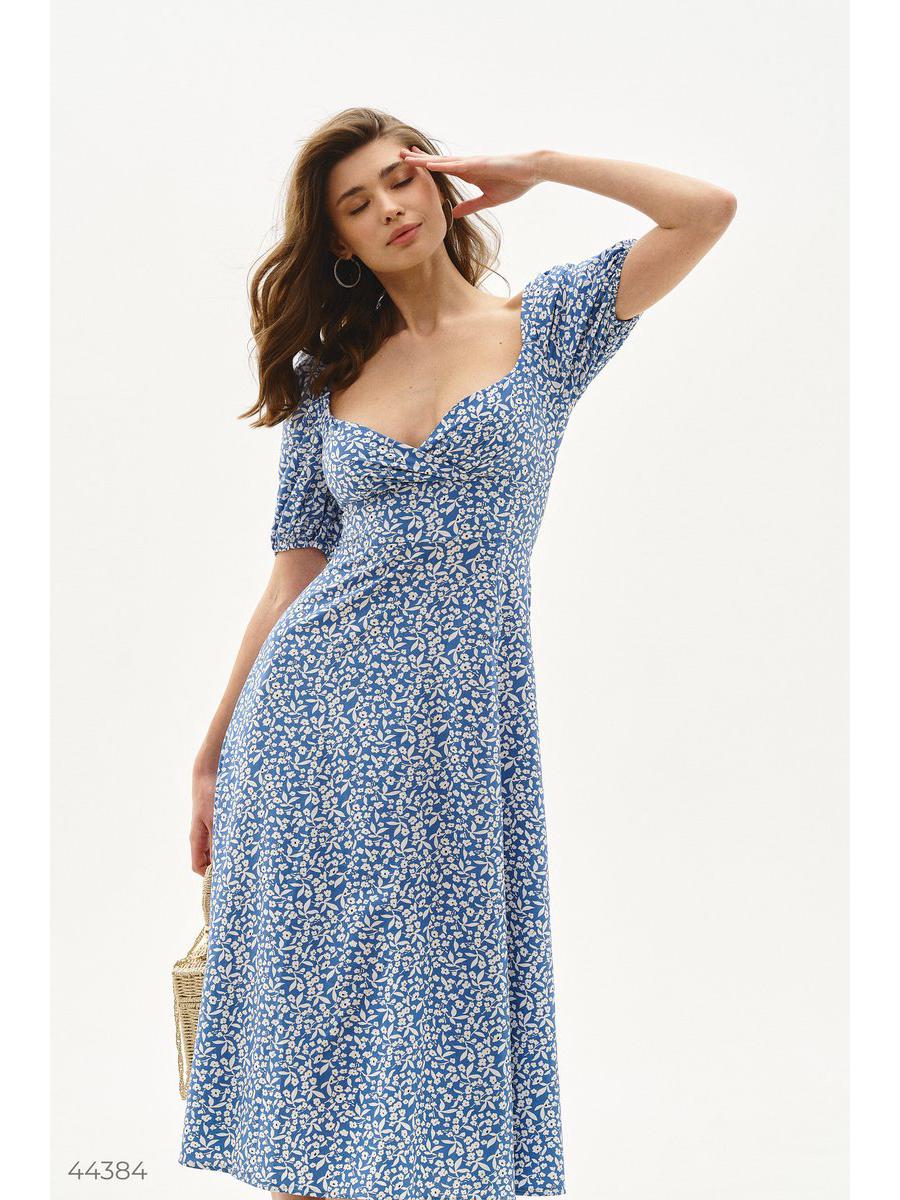 

Women s Summer Puff Sleeve Slim Fit Print Slit Dress Medium синий