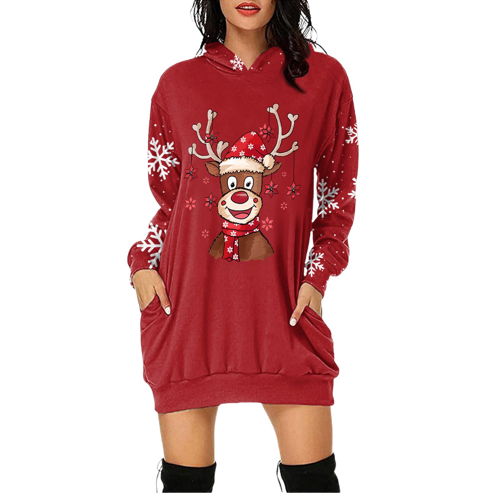 

Женское платье-пуловер с капюшоном и карманом с рождественским принтом и длинным рукавом S красный