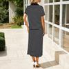 Completo Due Pezzi Moda Donna Scollo a V Manica Corta a Righe con Gonna a Vita Elastica Spaccata