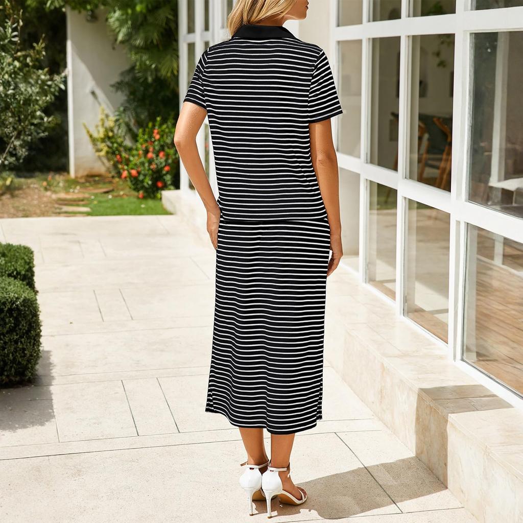 Completo Due Pezzi Moda Donna Scollo a V Manica Corta a Righe con Gonna a Vita Elastica Spaccata