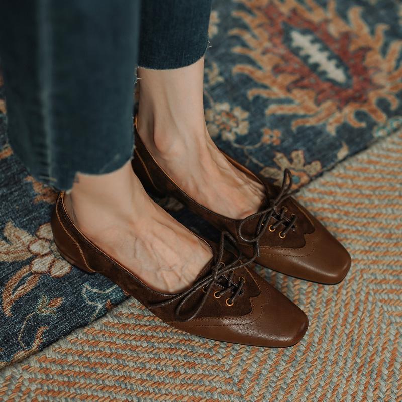 2024 Retro Women Pumps Square Toe Low Heels Casual Working Shoes Woman Spring Summer Genuine Leather Office Lady Women Loafers