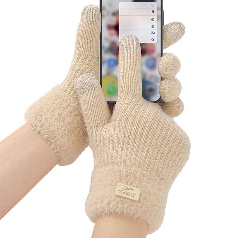 Knitted Gloves Autumn and Winter Double-layer Velvet Thickened Warm Women's Gloves Cold Resistant Touchscreen Gloves