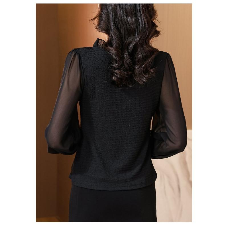 Herbst und Winter Neu Französisch Retro Chiffon Taille Stehkragen Mode Pullover Lässig Temperament Unterteil Top für Damen