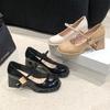 2025 Spring New High-heeled Women's Shoes British Style Buckle Small Leather Shoes Thick Heel Round Head Casual Mary Jane Shoes Women