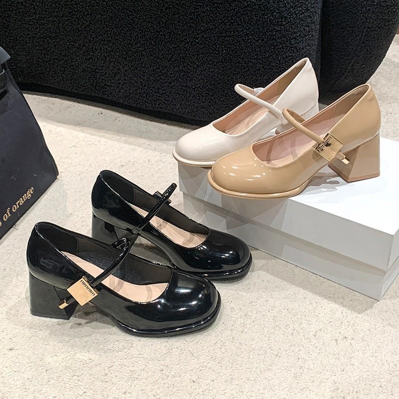 2025 Spring New High-heeled Women's Shoes British Style Buckle Small Leather Shoes Thick Heel Round Head Casual Mary Jane Shoes Women