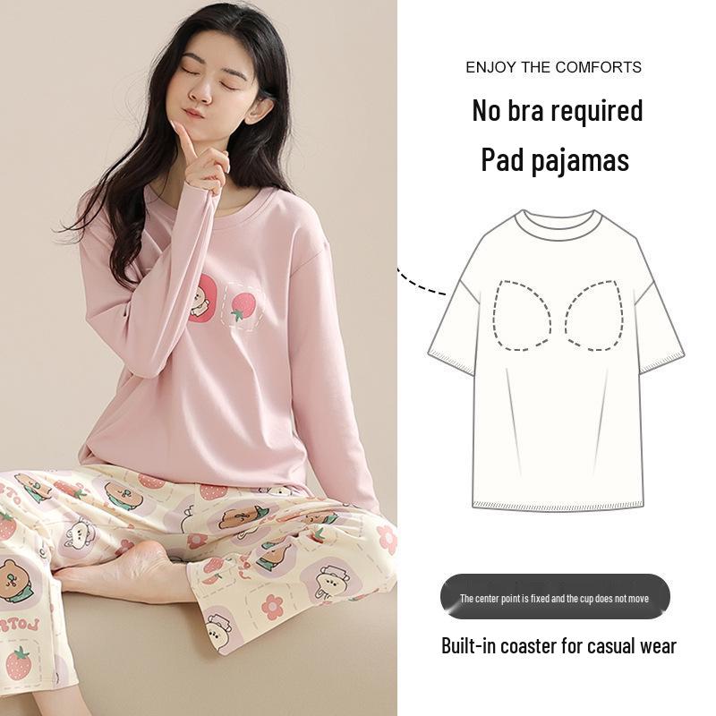 Women's Cartoon Long-Sleeve Pajama Set with Chest Pads – Loose, Casual, Round Neck, Suitable for Spring and Autumn, Indoor and Outdoor Wear