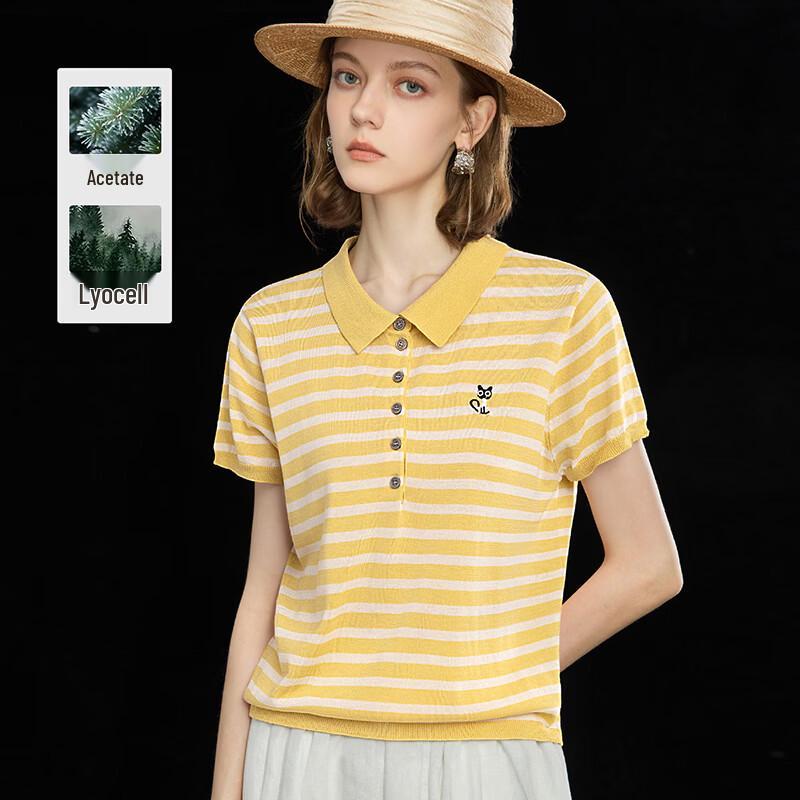 Women s Striped Tencel Blend Polo T-Shirt with Embroidery One Size