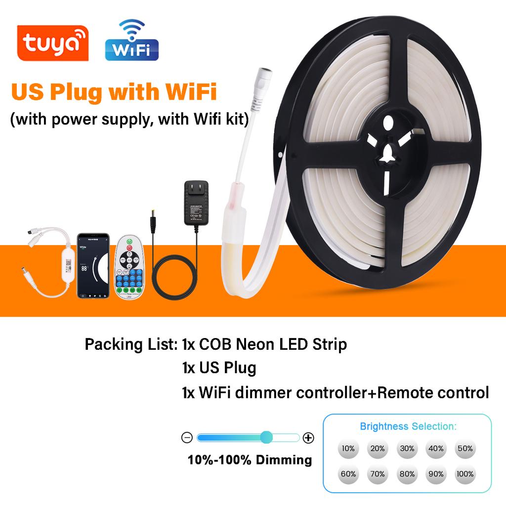 Tuya WiFi COB LED Strip Light 12V 24V IP65 Waterproof Flexible Neon Ribbon Tape 320LEDs/m Dimmable COB Light Bar with EU/US Plug