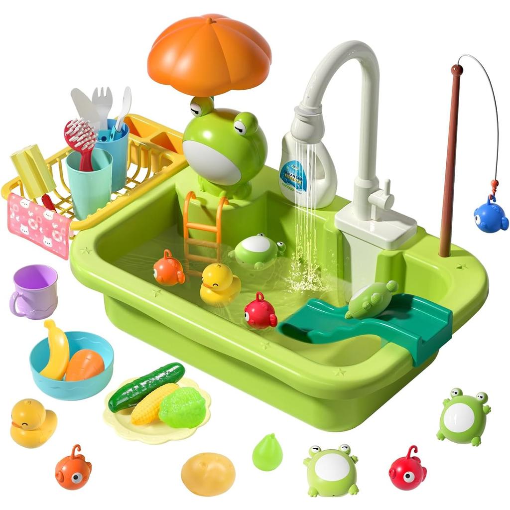 Play Sink with Running Water Kitchen Sink Toys Electric Faucet Play Kitchen Toy Pool Floating Fishing Toys for Water Play