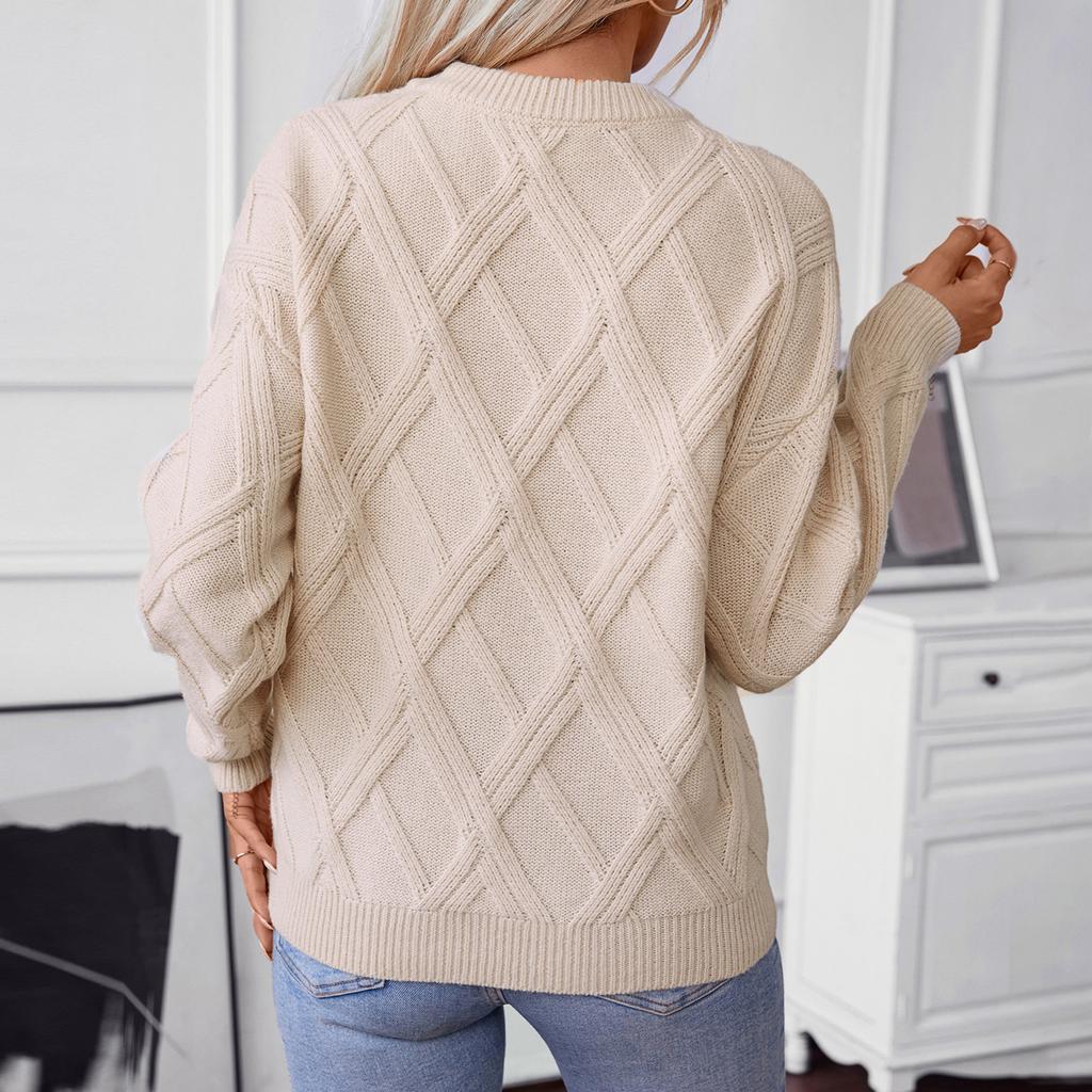 Women's Fashion Casual Loose Long Sleeve Round Neck Diamond Pullover Sweater