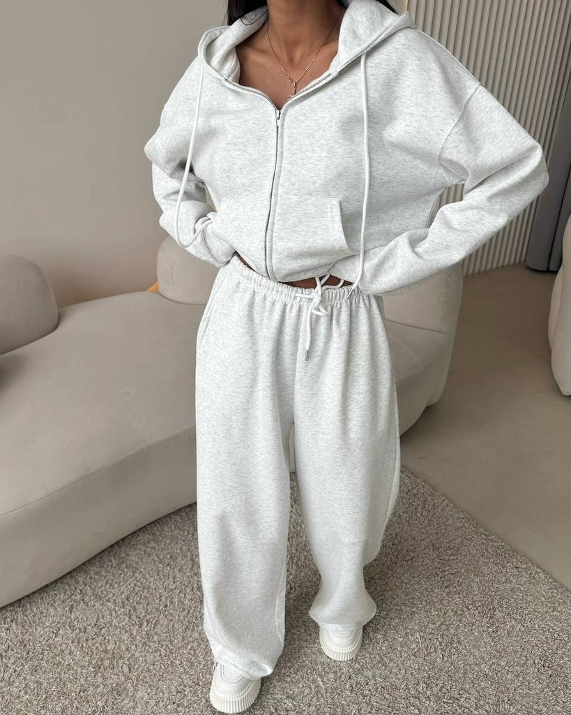 Women's Brown Hooded Zip Up Casual Sweatshirt and Wide Leg Pants Set