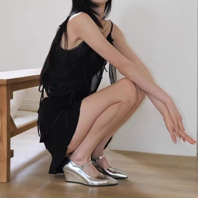 Wedge One Strap Single Shoes Fashion Pointed Toe Shallow Mouth Soft Sole Non-slip High Heel Low Top Shoes