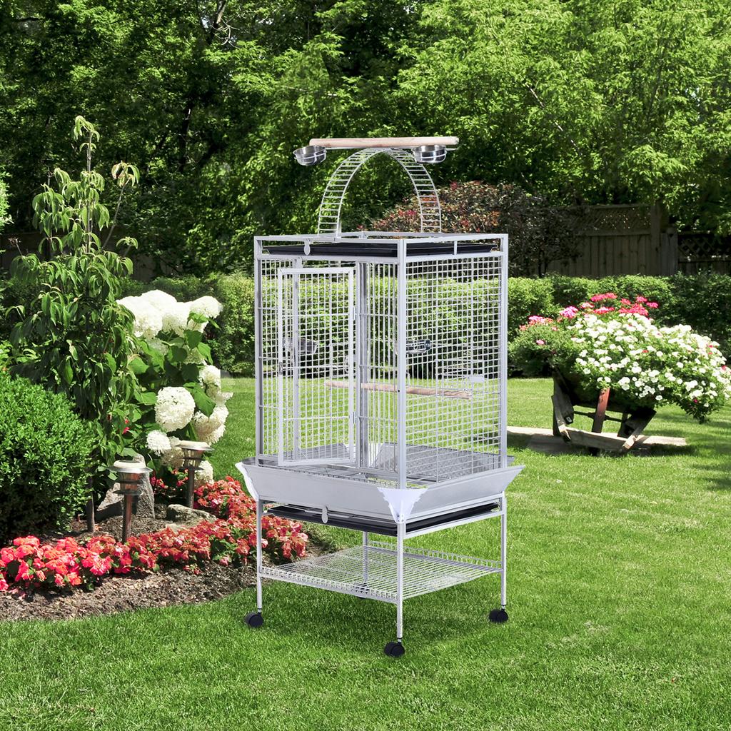 Bird Aviary with Wheels Height 161.5cm, Steel Bowls and Wooden Perches, Silver