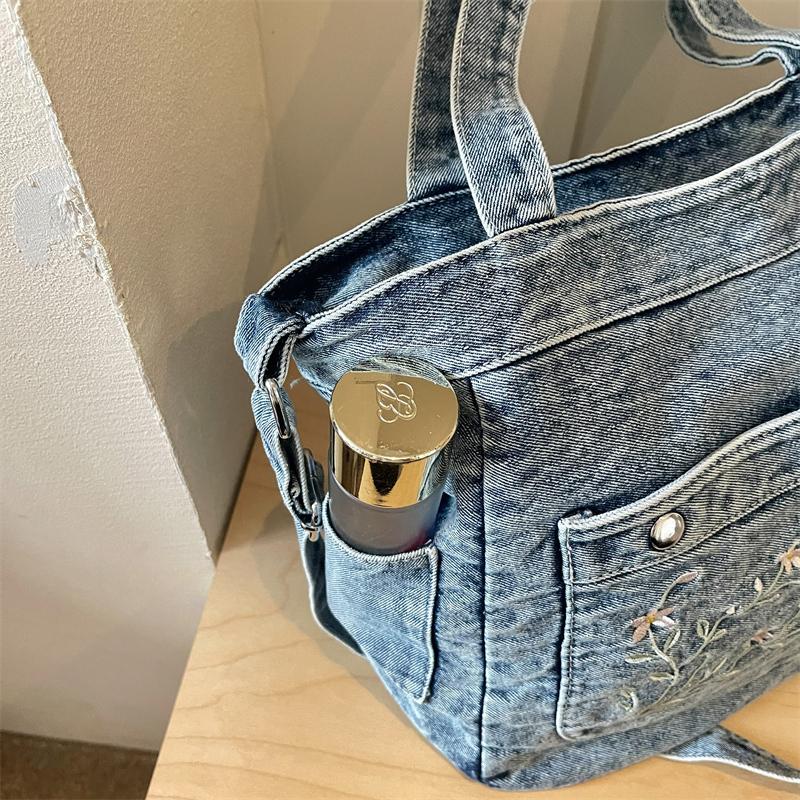 Vintage Haftowana Jeansowa Torba Tote dla Kobiet Duża Pojemność Casualowa Torba na Ramię