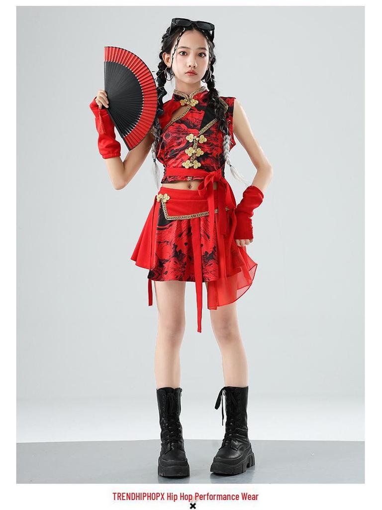 Chinese Red Dragon Jazz Dance Skirt Set - Girls' Fashion Show & Street Dance Costume