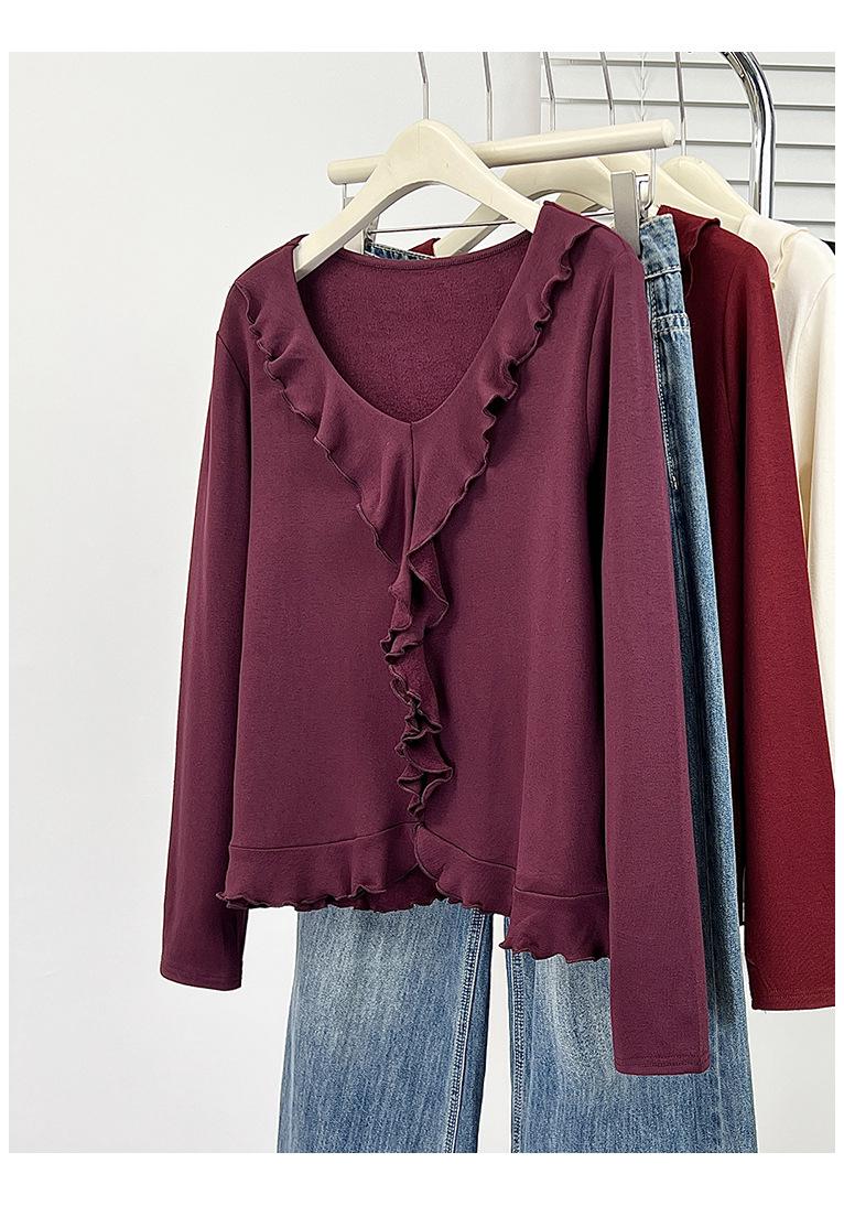 

Fashionable Ruffled Plus Size Velvet Long Sleeve Top 3XL фіолетовий